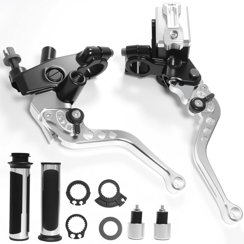 VUOZIP 7/8" 22mm Motorcycle Brake Lever Handlebar Master Cylinder Clutch Levers Left & Right Set + Hand Grips + Handlebar Ends Set for Harley Honda Kawasaki Suzuki Yamaha (Silver) - Image 1